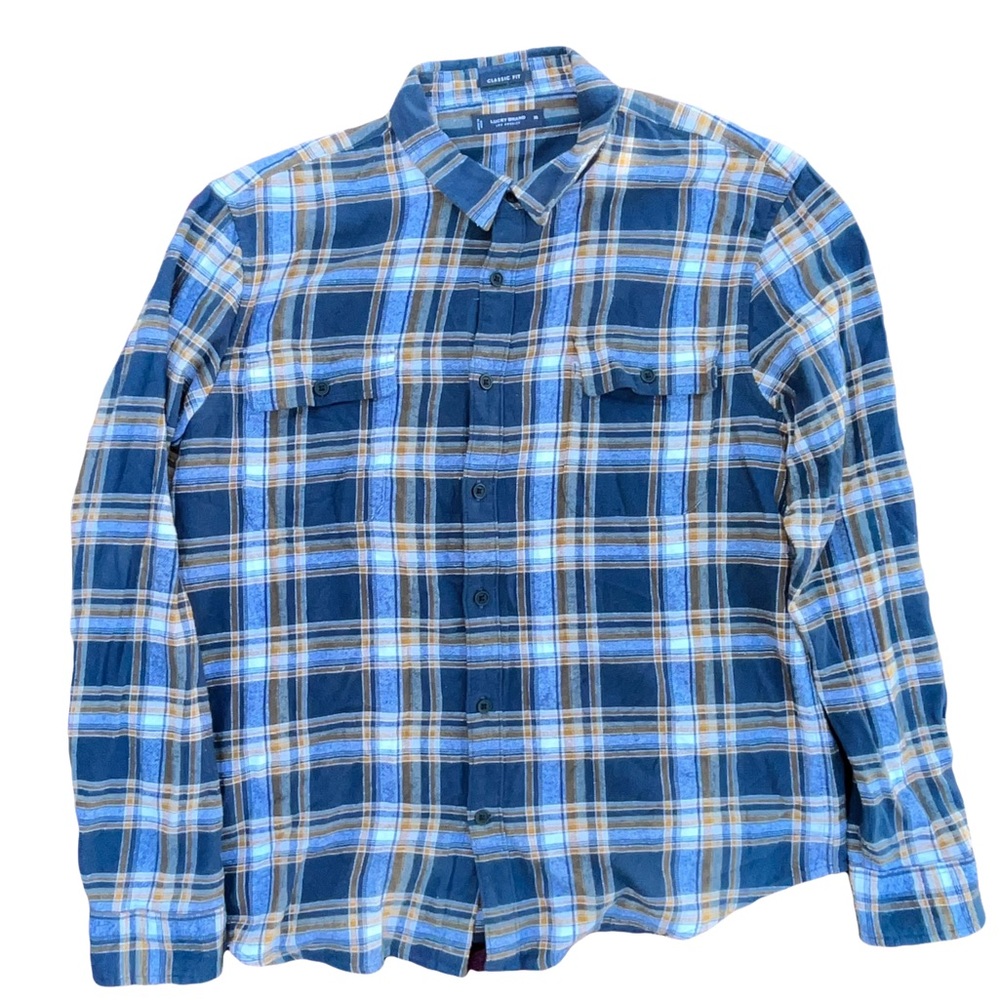 Lucky Brand Men's Blue Yellow Classic Fit Button Pockets Plaid Shirt Sz  XL